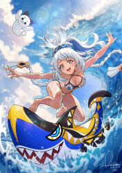  absurdres bare_shoulders blue_hair blue_hairband blue_headband braid breasts dasoin female fingerless_gloves fish-shaped_pupils genshin_impact gloves hairband headband highres light_blue_hair long_hair looking_at_viewer low_twin_braids mualani_(genshin_impact) multicolored_hair open_mouth red_eyes shark small_breasts smile solo surfboard surfing twin_braids waves 