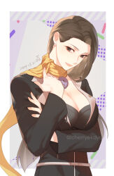  black_coat border breasts brown_hair cherryekdyd cleavage closed_mouth coat commentary_request dated female gyakuten_saiban highres jewelry korean_commentary large_breasts long_hair magatama magatama_necklace mia_fey necklace outside_border scarf smile solo white_border yellow_scarf 