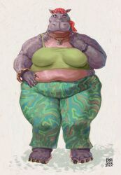  2024 alternative_fashion anthro barefoot belly big_breasts big_feet blue_eyes bottomwear bracelet breasts clothed clothing common_hippopotamus digit_ring digital_media_(artwork) digital_painting_(artwork) dyna_soar eyelashes facing_forward feet female full-length_portrait green_bottomwear green_clothing green_pants green_topwear grey_body hand_on_chest headgear headscarf headwear heather_(phoenixfreedom) hi_res hippie hippopotamid jewelry legwear mammal model_sheet nails navel necklace overweight overweight_female pants pattern_clothing pattern_headgear pattern_headwear pattern_legwear peace_symbol pink_body pink_clothing pink_headwear portrait ring shirt signature simple_background solo spandex_pants standing tank_top toe_ring toes topwear white_background wide_hips yoga_pants 