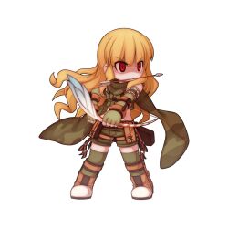  arrow_(projectile) belt belt_pouch bio_lab blonde_hair blunt_bangs boots bow_(weapon) breasts brown_belt brown_footwear camouflage_scarf cecil_damon chibi chibi_only female fingerless_gloves full_body gloves green_gloves green_scarf green_shorts green_thighhighs green_tube_top holding holding_bow_(weapon) holding_weapon looking_afar medium_bangs mouth_hold official_art open_mouth pouch quiver ragnarok_online ranger_(ragnarok_online) red_eyes scarf shorts simple_background small_breasts solo strapless thighhighs transparent_background tube_top v-shaped_eyebrows wavy_hair weapon yuichirou 