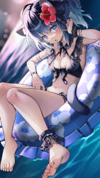  ahoge animal_ear_fluff animal_ears barefoot bikini black_bikini black_hair blue_eyes blurry blurry_background breasts cat_ears female flower hair_flower hair_ornament hibiscus highres innertube looking_at_viewer mitake_eil navel open_mouth original red_flower scrunchie single_ankle_cuff solo swim_ring swimsuit toenails water wrist_scrunchie 