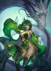  bare_shoulders blue_eyes blue_fire breasts cape circlet cleavage detached_sleeves dragon eastern_dragon eyelashes feather_hair_ornament feathers female final_fantasy final_fantasy_iv fingernails fire furisode_sleeves gem glowing glowing_eyes glowing_nose gold_trim green_arm_warmers green_cape green_hair green_leotard green_nails green_skirt green_sleeves green_thighhighs hair_ornament hands_up highres large_breasts leotard light_smile long_hair mist_dragon nail_polish open_mouth pelvic_curtain plunging_neckline red_gemstone rydia_(ff4) sash sharp_fingernails sideboob skirt solo teeth thighhighs tropic02 upper_teeth_only whiskers white_fur wide_sleeves yellow_sash 