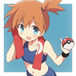  :d blue_background blue_eyes blue_shorts blue_sports_bra blush border breasts collarbone commentary_request curakuru female holding holding_poke_ball kasumi_(pokemon) looking_at_viewer midriff navel open_mouth orange_hair outside_border poke_ball poke_ball_(basic) pokemon pokemon_frlg short_hair short_sidetail shorts simple_background small_breasts smile solo sports_bra sweat towel towel_around_neck upper_body white_border 