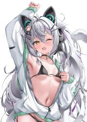  absurdres animal_ears arm_up armpits bikini black_bikini black_choker blush breasts cat_ears cat_girl cat_tail choker commentary_request crossed_bangs female grey_hair hair_between_eyes hair_ornament highres jacket long_hair long_sleeves navel nekoya_minamo oerba_yun_fang one_eye_closed open_mouth original partially_unzipped paw_hair_ornament red_nails simple_background skin_fang small_breasts solo stomach string_bikini swimsuit tail tears twintails waking_up white_background white_jacket yellow_eyes 