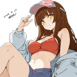  absurdres bigkwl bikini breasts brown_hair cleavage dated female green_eyes helena_(kancolle) helena_(swimsuit_mode)_(kancolle) highres hood hooded_jacket jacket kantai_collection long_hair looking_at_viewer medium_breasts navel official_alternate_costume red_bikini shorts sitting smile solo swimsuit twitter_username visor_cap 