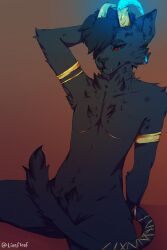  anthro arm_tuft black_body black_fur black_hair black_nose blue_horn cheek_tuft chest_tuft crotch_tuft ear_piercing ear_stud elbow_tuft facial_tuft fangs felid fur grey_body grey_fur hair hair_over_eye hi_res horn ke&#039;an lionfloof looking_at_viewer male mammal mouth_closed nude piercing sitting solo teeth tuft yellow_horn 