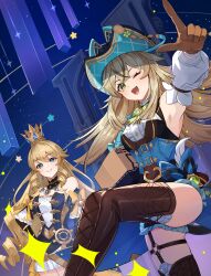  absurdres armpits blonde_hair blue_gemstone bodice boots bow bowtie box brown_gloves cat_hat_ornament dendro_symbol_(genshin_impact) dress drill_hair drill_sidelocks gem genshin_impact geo_symbol_(genshin_impact) gloves gold_crown gold_trim_bow green_bow green_bowtie green_eyes hat highres kirara_(genshin_impact) kirara_(phantom_in_boots)_(genshin_impact) lace-trimmed_collar lace_trim mihoyo mikami_michael multiple_tails navia_(genshin_impact) one_eye_closed open_mouth pointing sidelocks single_bare_shoulder strapless strapless_dress tail thigh_boots thighs tricorne two_tails 