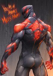  absurd_res alien alien_humanoid anzuarden ass back_muscles biceps biped carnage_(marvel) dialogue digital_media_(artwork) english_text grey_body hi_res human humanoid male mammal marvel miguel_o&#039;hara muscular muscular_humanoid muscular_male not_furry open_mouth open_smile rear_view red_body red_eyes sharp_teeth smile solo spider-man_2099 spiderman_2099_(character) standing symbiote teeth text 