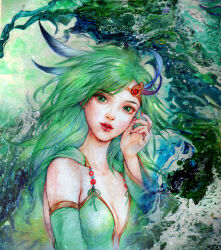  absurdres acrylic_paint_(medium) beads blue_feathers breasts cape circlet cleavage colored_pencil_(medium) detached_sleeves eyelashes feather_hair_ornament feathers female final_fantasy final_fantasy_iv fingernails furisode_sleeves gem green_cape green_eyes green_hair green_leotard green_sleeves hair_ornament hand_up head_tilt highres jurithedreamer leotard light_smile long_fingernails long_hair looking_at_viewer medium_breasts painting_(medium) parted_lips red_gemstone red_lips rydia_(ff4) solo traditional_media wide_sleeves 