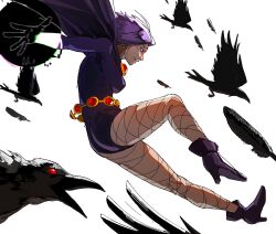  ass bird breasts cape cloak colored_skin commentary crow dc_comics female forehead_jewel full_body grey_skin highres leotard purple_cloak purple_eyes purple_hair raph_mavrost raven_(dc) short_hair simple_background sleeved_leotard solo superhero_costume teen_titans thighs white_background 