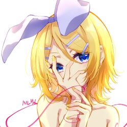  blonde_hair blue_eyes bow collarbone commentary covering_face covering_own_mouth female hairbow half-closed_eyes hand_on_own_face hand_over_own_mouth harusamesyota head_tilt holding_own_wrist kagamine_rin looking_at_viewer medium_hair nude number_tattoo short_hair shoulder_tattoo solo string string_of_fate swept_bangs symbol-only_commentary tattoo topless treble_clef upper_body vocaloid white_bow yellow_nails 