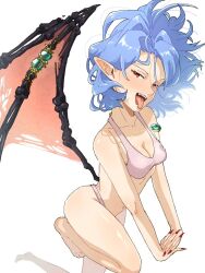  bikini blue_hair breasts cleavage collarbone fangs female fingernails floating_hair gem green_gemstone halterneck interlocked_fingers jewelry looking_at_viewer low_wings medium_hair mozupoko navel necklace open_mouth pink_bikini pointy_ears red_eyes red_nails remilia_scarlet sharp_fingernails simple_background solo standing standing_on_one_leg swimsuit tongue tongue_out touhou vampire white_background wings 