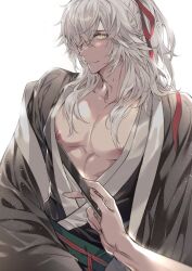  1boy breasts chinese_clothes grey_hair hair_ribbon highres honkai:_star_rail honkai_(series) jing_yuan long_hair male_focus mescaline nipples ribbon solo yellow_eyes 