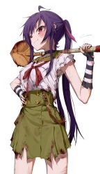  absurdres ahoge black_choker blood blood_on_clothes choker closed_mouth cowboy_shot ebisuzawa_kurumi female fingerless_gloves gakkou_gurashi! gloves green_skirt hand_on_own_hip highres holding holding_behind_neck holding_shovel purple_hair red_eyes red_ribbon ribbon shirt shovel simple_background skirt smile solo striped_clothes striped_gloves torn_clothes torn_shirt torn_skirt twintails white_background yo_na 