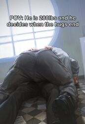  2boys ass ass_focus atomic_heart bara black_pants boots char-les_(atomic_heart) english_text fukurau grey_shirt highres hug indoors lying lying_on_person male_focus meme multiple_boys muscular muscular_male on_back p-3_(atomic_heart) pants shirt yaoi 