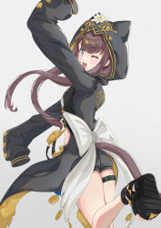  ;d absurdres arknights arm_up ass back_bow black_footwear black_jacket black_shorts blue_eyes blush bow brown_hair commentary female flower foot_out_of_frame gold grey_background head_chain highres hood hood_up hooded_jacket infection_monitor_(arknights) jacket jewelry leg_up long_hair looking_at_viewer no_socks one_eye_closed open_mouth outstretched_arms pepe_(arknights) sandals shimizu_kazunari shoe_soles shorts simple_background sleeves_past_fingers sleeves_past_wrists smile solo standing standing_on_one_leg toeless_footwear toes two-sided_fabric two-sided_jacket white_bow white_flower yellow_jacket 