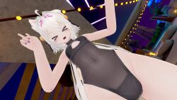  &gt;_&lt; animal_ears cameltoe cat_ears cat_girl close-up female filian_(vtuber) flat_chest highres indie_virtual_youtuber long_hair looking_at_viewer nail_polish non-web_source open_mouth peace_symbol ponytail purple_nails solo straddling upright_straddle virtual_youtuber vrchat white_hair 