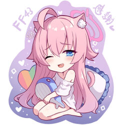  ;d ahoge animal_ear_fluff animal_ears bare_legs bare_shoulders barefoot blue_archive blue_eyes blush cat_ears cat_tail chibi chibi_only chinese_commentary commentary_request female full_body hair_between_eyes halo heart holding hoshino_(blue_archive) hugging_object long_hair long_sleeves looking_at_viewer milkshakework oerba_yun_fang one_eye_closed open_mouth pink_hair shirt simple_background single_bare_shoulder single_off_shoulder sitting smile solo stuffed_animal stuffed_toy tail very_long_hair white_background white_shirt 