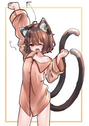  absurdres ahoge alternate_costume animal_ear_fluff animal_ear_piercing animal_ears arm_up brown_eyes brown_hair cat_ears cat_tail chen contrapposto cowboy_shot earrings female highres jewelry looking_at_viewer multiple_tails nekomata one_eye_closed open_mouth short_hair single_bare_shoulder single_earring solo stretching tail touhou tsubakipan two_tails 