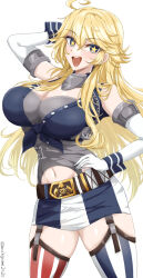  american_flag american_flag_legwear arm_behind_head asymmetrical_legwear belt blonde_hair blue_eyes blush breasts chamumi_(mochiumee) cleavage cowboy_shot elbow_gloves female flag_print front-tie_top garter_straps gloves hair_between_eyes hand_on_own_hip highres iowa_(kancolle) kantai_collection large_breasts long_hair looking_at_viewer open_mouth simple_background skirt smile solo star-shaped_pupils star_(symbol) striped_clothes striped_skirt striped_thighhighs symbol-shaped_pupils thighhighs vertical-striped_clothes vertical-striped_skirt vertical-striped_thighhighs white_background 