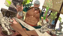  1boy abs absurdres bandages bara commentary_request dragon feet_out_of_frame hachimaki headband highres indie_virtual_youtuber kuroshima_kurishiro_(muyi24108414) large_pectorals magic male_focus mature_male mouth_hold muscular muscular_male navel nipples pectorals scroll sitting solo strongman_waist thick_eyebrows virtual_youtuber ying_feng_(slaveedge) 