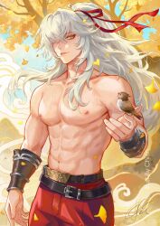  1boy absurdres breasts chinese_clothes chinnpou grey_hair hair_ribbon highres honkai:_star_rail honkai_(series) jing_yuan long_hair male_focus nipples ribbon solo yellow_eyes 