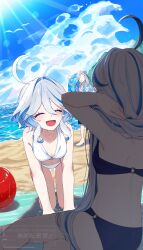  1boy 2girls :d all_fours ball beach beachball bikini blue_bikini blue_hair blue_sky breasts closed_eyes cloud cowlick day focalors_(genshin_impact) furina_(genshin_impact) genshin_impact highres innertube light_blue_hair long_hair multiple_girls neuvillette_(genshin_impact) o-ring o-ring_bikini ocean open_mouth owl_5151 shade sitting sky small_breasts smile solo sunlight swim_ring swimsuit twitter_username wavy_hair wet white_bikini white_hair yokozuwari 