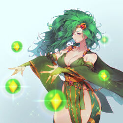  bare_shoulders bead_belt breasts bridal_gauntlets cape circlet cleavage commentary detached_sleeves elufae english_commentary eyelashes female final_fantasy final_fantasy_iv furisode_sleeves gem gloves green_cape green_gloves green_hair green_leotard green_sleeves green_thighhighs hands_up highres jewelry large_breasts leotard long_hair long_sleeves magic orb outstretched_arms parted_lips pelvic_curtain red_gemstone rydia_(ff4) sash solo sparkle thighhighs thighs wide_sleeves yellow_sash 