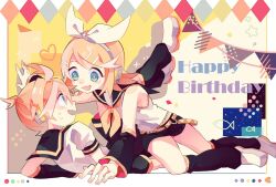  1boy arm_support black_leg_warmers black_sailor_collar black_shorts blonde_hair blue_eyes brother_and_sister eye_contact female fingernails hair_ornament hairband hairclip happy_birthday incest kagamine_len kagamine_rin leg_warmers looking_at_another lying_on_person nagatsukiariake neckerchief oerba_yun_fang open_mouth sailor_collar short_hair shorts siblings skin_fang straight string_of_flags sweatdrop twins vocaloid white_footwear white_hairband yellow_neckerchief 