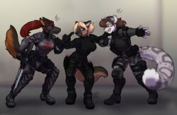  2024 andrea_rayne anthro argument armor black_body black_bodysuit black_boots black_clothing black_footwear black_fur black_gloves black_handwear black_skinsuit blonde_hair bodysuit boots breasts brown_body brown_fur brown_hair canid canine canis clothed clothed_anthro clothed_female clothing domestic_dog dora_schutzhund felid female fingerless_gloves footwear fur german_shepherd gloves grey_body grey_fur group gun hair hanazawa handwear herding_dog holding_gun holding_object holding_ranged_weapon holding_weapon holster holstered_pistol katherine_roshman long_hair mammal mask medium_breasts multicolored_body multicolored_fur pantherine pastoral_dog ranged_weapon red_hair shoes skinsuit snow_leopard standing tail tight_clothing trio two_tone_body two_tone_fur weapon wearing_mask 