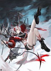  absurdres antenna_hair antennae arknights belt black_shirt black_shorts closed_mouth crop_top dagger demon_horns demon_tail female full_body grey_hair highres holding holding_dagger holding_knife holding_weapon horns jacket knife long_sidelocks long_sleeves looking_at_viewer mackia midriff orange_eyes red_horns red_jacket shirt short_hair shorts solo tail thigh_belt thigh_strap w_(arknights) weapon wis&#039;adel_(arknights) 