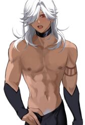  1boy absurdres arm_tattoo black_sleeves cyno_(genshin_impact) dark-skinned_male dark_skin genshin_impact grey_hair hair_over_one_eye highres long_hair male_focus muscular muscular_male navel nipple_piercing nipples open_mouth piercing ra_gi_ren red_eyes solo stomach tattoo tongue tongue_out topless_male white_hair white_pubic_hair 