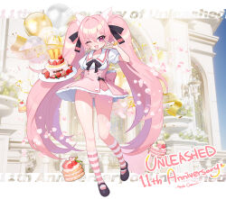  animal_ears apple_caramel balloon black_bow bow breasts cake cat_ears character_request female food full_body highres holding holding_tray long_hair looking_at_viewer medium_breasts one_eye_closed open_mouth panties pink_skirt shirt skirt smile socks solo striped_clothes striped_panties striped_socks tray twintails underwear unleashed v very_long_hair white_shirt 