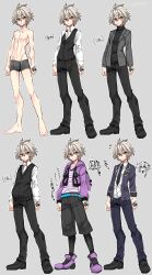  6+boys adapted_costume alternate_costume animal_hood antenna_hair astolfo_(fate) astolfo_(memories_at_trifas)_(fate) astolfo_(memories_at_trifas)_(fate)_(cosplay) belt belt_buckle black_footwear black_pants black_sweater black_vest blue_belt blue_jacket blue_necktie blue_pants boxers buckle closed_mouth collarbone command_spell cosplay cropped_jacket dress_shirt fate/apocrypha fate_(series) flying_sweatdrops grey_background grey_hair grey_jacket hair_between_eyes haoro highres hood hood_down hoodie jacket jeanne_d&#039;arc_(fate) jeanne_d&#039;arc_(girl_from_orleans)_(fate) linea_alba male_focus male_underwear multiple_boys multiple_views necktie pants parted_lips pectorals pom_pom_(clothes) purple_footwear purple_hoodie purple_jacket rabbit_hood red_eyes shirt short_hair sieg_(fate) signature simple_background smile striped_clothes striped_shirt sweatdrop sweater underwear vest white_shirt 