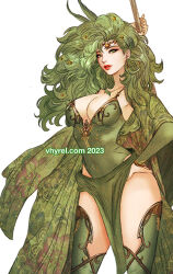  arm_behind_head arm_up big_hair breasts circlet cleavage commentary earrings english_commentary female final_fantasy final_fantasy_iv floral_print green_arm_warmers green_eyes green_hair green_leotard green_thighhighs hair_ornament hand_on_own_hip holding holding_staff jewelry large_breasts leotard lipstick long_hair makeup parted_lips pelvic_curtain print_cape red_lips rydia_(ff4) solo staff star_(symbol) star_earrings star_hair_ornament thighhighs vhyrel 