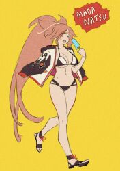  amputee baiken big_hair bikini breasts facial_tattoo female food full_body guilty_gear guilty_gear_strive jako_(toyprn) large_breasts long_hair one-eyed pink_hair ponytail popsicle scar scar_across_eye scar_on_face solo swimsuit tattoo 