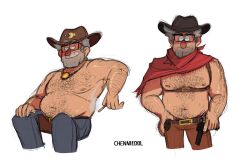  2boys alternate_costume bara beard_stubble belly chendol chest_harness cowboy_hat cropped_legs facial_hair fat gravity_falls hairy harness hat large_pectorals male_focus mature_male multiple_boys muscular muscular_male navel_hair nipples old old_man pectorals plump short_hair standing stanley_pines stomach stubble thick_arm_hair thick_chest_hair thick_eyebrows thick_leg_hair thick_navel_hair topless_male very_hairy 