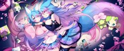  2girls absurdres animal_ear_fluff animal_ears black_sleeves blue_eyes blue_hair blue_nails blue_skirt breasts candy cleavage collar copyright_request fingernails flower food frilled_skirt frills gamer_supps gradient_clothes gradient_hair gradient_skirt headphones highres indie_virtual_youtuber large_breasts long_hair multicolored_hair multiple_girls phone pink_eyes pink_flower pink_hair pink_skirt plaid_clothes plaid_skirt see-through see-through_cleavage sharp_fingernails silvervale single_thighhigh skirt smile spiked_collar spiked_cuffs spikes tail thigh_strap thighhighs unworn_headphones virtual_youtuber wolf_ears wolf_girl wolf_tail wrapped_candy yoclesh 