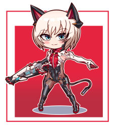  1boy animal_ears armored_boots armpits bare_shoulders black_footwear blonde_hair blue_eyes blush_stickers bodysuit boots border cat_ears chibi closed_mouth commentary_request fake_animal_ears fishnet_bodysuit fishnets full_body gauntlets gloves gun hair_between_eyes headgear highres holding holding_gun holding_weapon homare_nao looking_at_viewer male_focus mechanical_tail otoko_no_ko red_background red_border short_hair sidelocks smile solo standing tail taimanin_(series) taimanin_rpgx taimanin_suit ttakuhana3103 weapon 