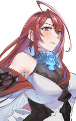  ahoge blue_hair breasts cleavage dress elizabeth_rose_bloodflame female fire hair_intakes hololive hololive_english large_breasts long_hair looking_at_viewer red_eyes red_hair set7 sleeveless sleeveless_dress solo virtual_youtuber white_background white_dress 