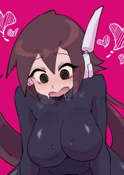  absurdres aile_(mega_man_zx) black_bodysuit black_eyes blush bodysuit breasts buzzlyears cropped female heart highres large_breasts long_hair looking_down mega_man_(series) mega_man_zx mega_man_zx_advent open_mouth paid_reward_available pink_background ponytail ringed_eyes saliva simple_background solo sweat tongue 