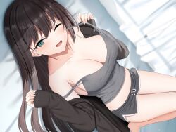  absurdres barefoot bed bed_sheet black_hair black_jacket blue_eyes blurry blurry_background blush breasts camisole collarbone covered_nipples curtains dolphin_shorts feet grey_camisole grey_shorts highres indoors jacket kanikou knees_up large_breasts logo long_sleeves looking_at_viewer lying non-web_source open_mouth original short_shorts shorts smile strap_slip window 