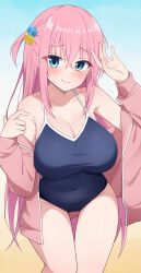  bent_over blue_background blue_eyes blush bocchi_the_rock! breasts cube_hair_ornament eniraka female gotoh_hitori gradient_background hair_ornament highres jacket large_breasts long_hair looking_at_viewer off_shoulder open_clothes open_jacket pink_hair pink_jacket pink_track_suit school_swimsuit simple_background smile solo swimsuit thighs yellow_background 