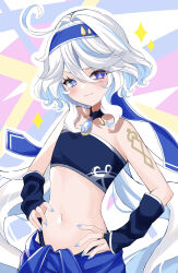  absurdres ahoge alternate_costume bare_shoulders blue_eyes blue_hair blue_hairband blue_nails blush closed_mouth clothes_around_waist commentary_request cowlick crop_top drop-shaped_eyelashes drop-shaped_pupils female flat_chest furina_(genshin_impact) genshin_impact hair_between_eyes hairband hands_on_own_hips heterochromia highres light_blue_hair long_hair looking_at_viewer multicolored_hair navel rinmel9 smile solo sparkle stomach strapless streaked_hair symbol-shaped_pupils tube_top twintails very_long_hair white_hair 