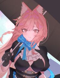  absurdres animal_ear_fluff animal_ears arknights black_bra black_gloves blue_bow blue_bowtie bow bowtie bra braid breasts cleavage closed_mouth e-razor female gloves hair_ornament highres holding holding_umbrell large_breasts long_hair looking_at_viewer pink_eyes pink_hair pozyomka_(arknights) solo underwear upper_body wolf_ears wolf_girl 