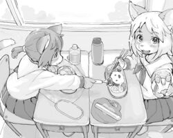  2015 5:4 anthro archived_source bento_box bottomwear clothed clothing digital_media_(artwork) duo felid feline female food fur greyscale hair kikurage looking_at_viewer mammal monochrome school_uniform skirt smile topwear uniform 