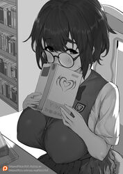  absurdres bad_id bad_pixiv_id blush book book_stack bookshelf breasts chair covered_nipples covering_own_mouth dawalixi female from_above glasses greyscale hair_between_eyes highres holding holding_book huge_breasts library looking_to_the_side monochrome original pleated_skirt school_uniform short_hair short_sleeves sitting skirt solo sweatdrop table vest 