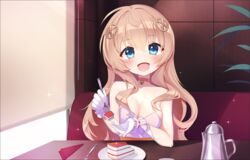  :d anemielle bare_shoulders bell blonde_hair blue_eyes blush booth_seating breasts cake cake_slice choker cleavage commentary english_commentary female fnc_(girls&#039;_frontline) fnc_(strawberry_cake_&amp;_garden_cosmos)_(girls&#039;_frontline) food fork girls&#039;_frontline gloves hair_between_eyes hair_ornament holding holding_fork indoors large_breasts long_hair looking_at_viewer neck_bell official_alternate_costume open_mouth plate sitting smile solo sparkle table white_gloves 