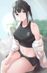  absurdres alternate_hairstyle bare_shoulders black_hair black_shorts black_tank_top breasts chinese_commentary commentary_request dolphin_shorts female girls&#039;_frontline green_hair grey_eyes highres large_breasts looking_at_viewer m4a1_(girls&#039;_frontline) midriff multicolored_hair navel off_shoulder open_clothes open_shirt painnico ponytail shirt shorts sidelocks sitting smile solo streaked_hair sweat tank_top thick_thighs thighs white_shirt 