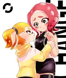  1boy agent_4_(splatoon) agent_8_(splatoon) arm_grab arrow_(symbol) asymmetrical_sleeves black_eyes black_scrunchie black_shirt black_skirt blush closed_mouth commentary female frown genderswap_(ftm) genderswap_(mtf) hair_ornament hair_scrunchie highres hood hood_down hoodie inkling inkling_boy inkling_player_character jacket long_sleeves looking_at_another maimo medium_hair microskirt midriff octoling octoling_girl octoling_player_character orange_hair pointy_ears purple_eyes red_hair rule_63 scrunchie shirt skirt splatoon_(series) splatoon_2 splatoon_2:_octo_expansion squidbeak_splatoon standing suction_cups sweatdrop tentacle_hair text_background thigh_strap topknot uneven_sleeves white_background yellow_jacket zipper 